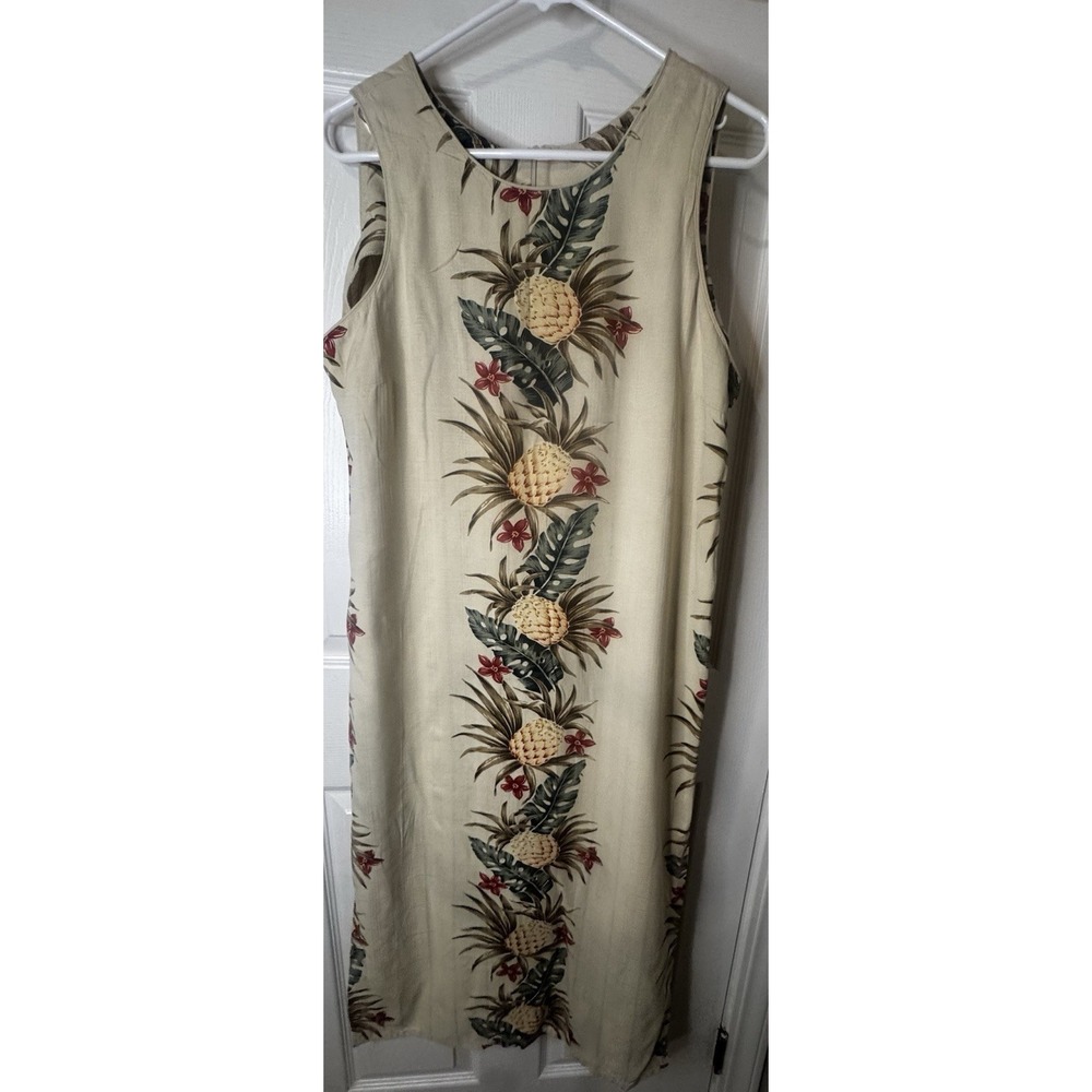 Hawaiian Reserve Collection Silk Pineapple  Dress Tropical Resort Beach Boho